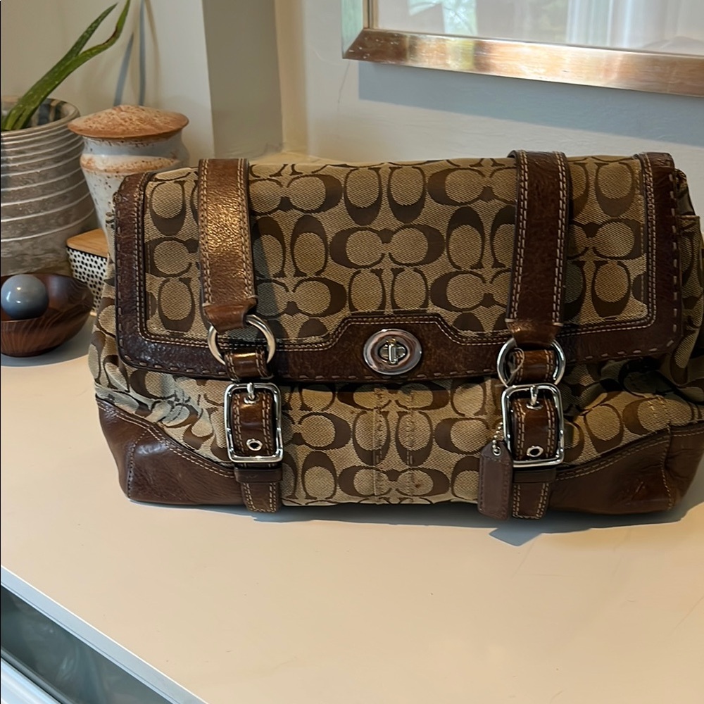 Coach Brown Leather Messenger Bag with Signature Design